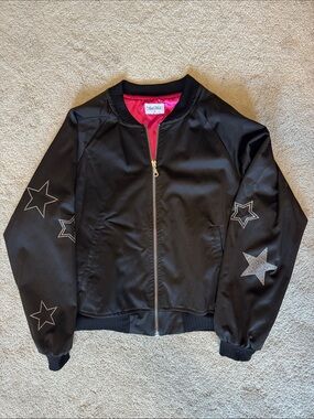 Lauren Moshi Black Bomber Jacket with Hot Pink Lining and Star Embellishments